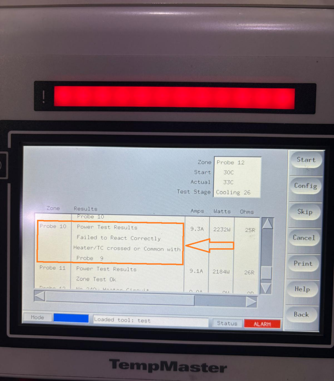 TempMaster diagnostic screen with an orange annotation highlighting a heater or thermocouple wiring fault