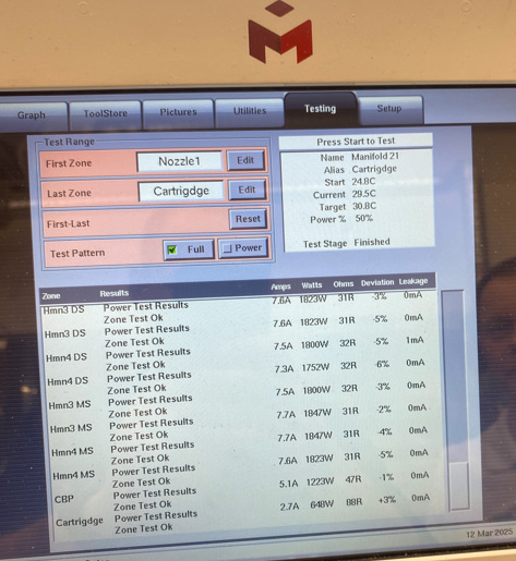 TempMaster diagnostic screen showing successful zone power tests